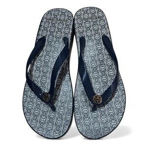Preowned Tory Burch Gemini Link Jacquard Wedge Flip Flops Navy Blue/Gold SZ 8